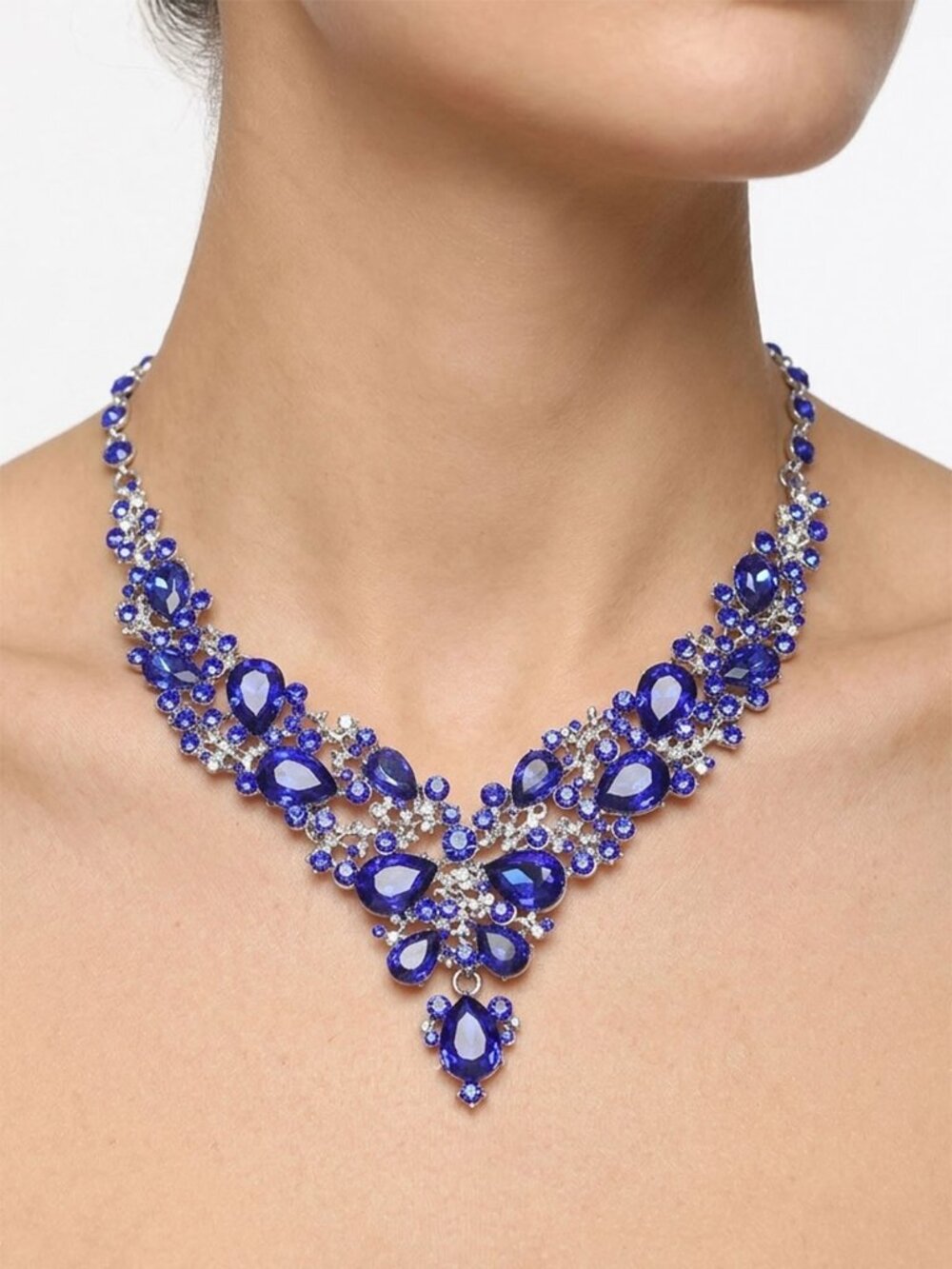 Royal Blue Rhinestone Statement Necklace Silver Tone Teardrop Crystal Choker